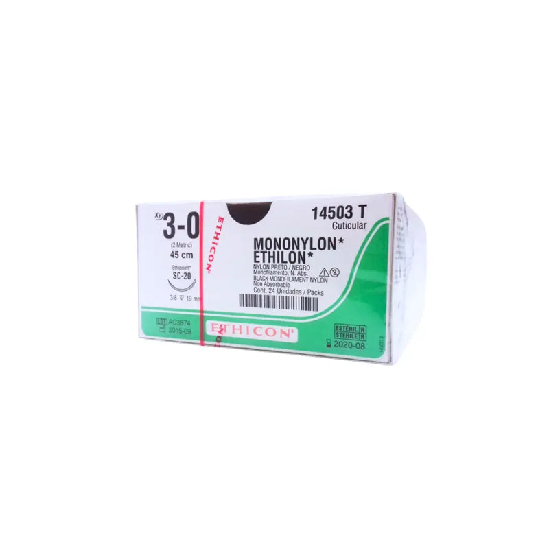 Ethicon Sutura Calibre 3/0 - Longitud 45 CM - Aguja SC-20 19 MM Ethilon
