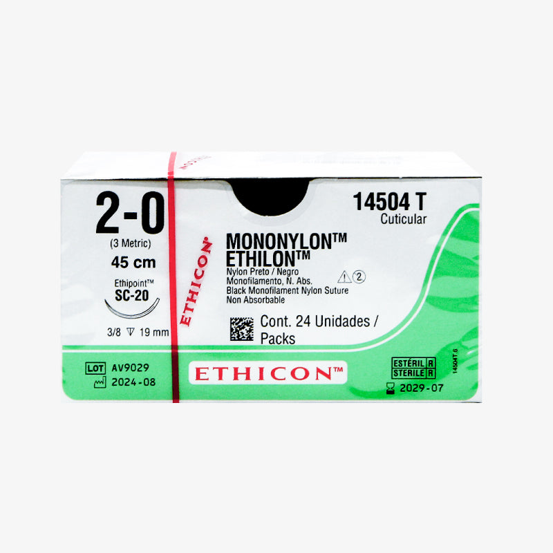 Ethicon Sutura Calibre 2/0 - Longitud 45 CM - Aguja SC-20 19 MM Ethilon