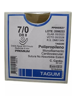 Tagum Sutura Polipropileno Aguja Doble Armado Calibre 7-0 Longitud 60 cm Aguja 3/8