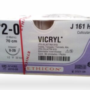 Ethicon Sutura Calibre 2/0 - Longitud 70 CM - Aguja X-20 22 MM Vicryl
