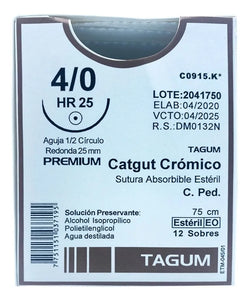 Tagum Sutura Catgut Crómico Calibre 4-0 Longitud 75 cm Aguja 1/2 25 mm
