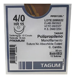 Tagum Sutura Polipropileno Aguja Doble Armado Calibre 4-0 Longitud 90 cm Aguja 1/2