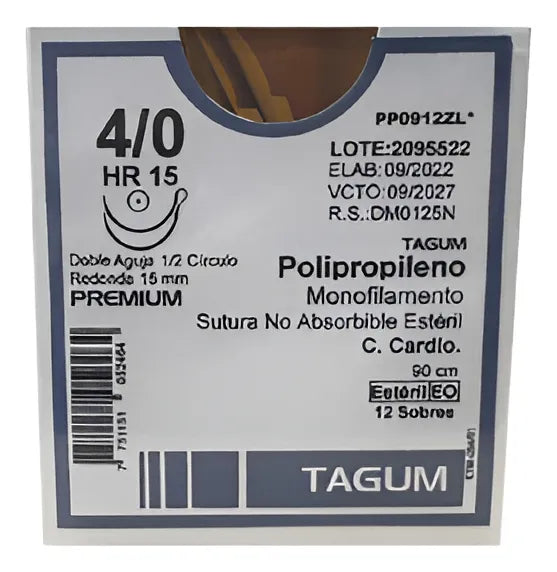 Tagum Sutura Polipropileno Aguja Doble Armado Calibre 4-0 Longitud 90 cm Aguja 1/2