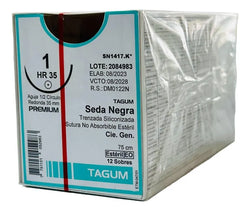Tagum Sutura Seda Negra Trenzada Aguja Ahusada Calibre 1 Longitud 75 cm Aguja 1/2 35 mm