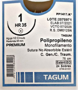 Tagum Sutura Polipropileno Calibre 1 Longitud 75 cm Aguja 1/2 35 mm