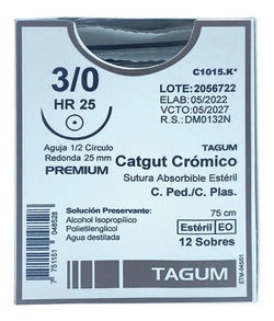 Tagum Sutura Catgut Crómico Calibre 3-0 Longitud 75 cm Aguja 1/2 25 mm