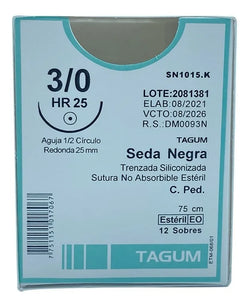 Tagum Sutura Seda Negra Trenzada Aguja Ahusada Calibre 3-0 Longitud 75 cm Aguja 1/2 25 mm